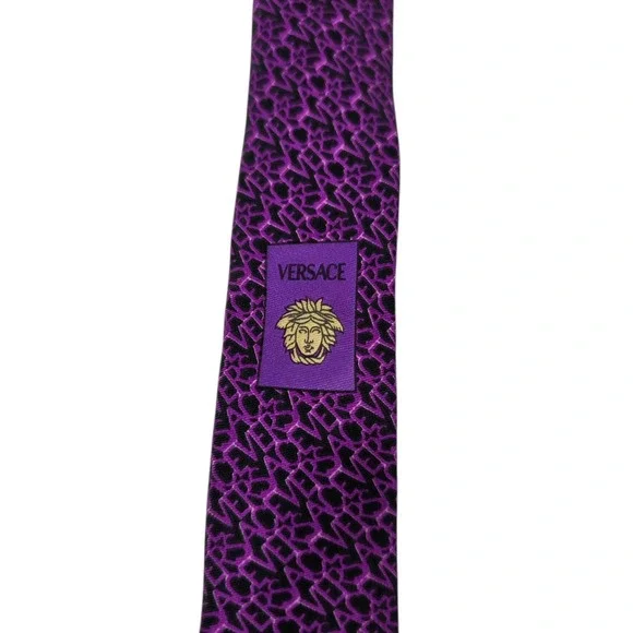 Gianni Versace Mens Necktie Luxury Purple Black Silk Tiger Woven Embroidered‎